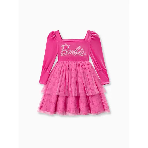 PATPAT Barbie Kid Girl Glitter Letter Graphic Long-sleeve Mesh Fairy Dress Pink
