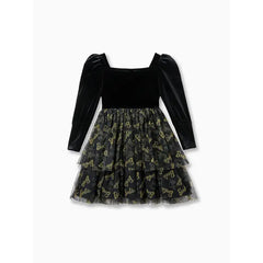 PATPAT Barbie Kid Girl Glitter Letter Graphic Long-sleeve Mesh Fairy Dress Black