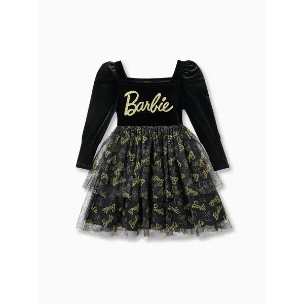 PATPAT Barbie Kid Girl Glitter Letter Graphic Long-sleeve Mesh Fairy Dress Black
