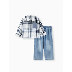 Patpat 2pcs Baby Boy Patch Pocket Long-sleeve Plaid Shirt and Denim Jeans Set