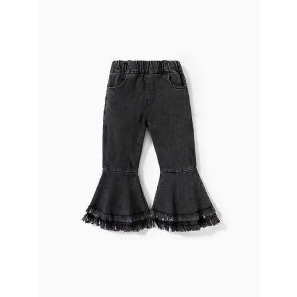 PATPAT Kid Girl Sweet Ruffle Edge Denim Jean Black