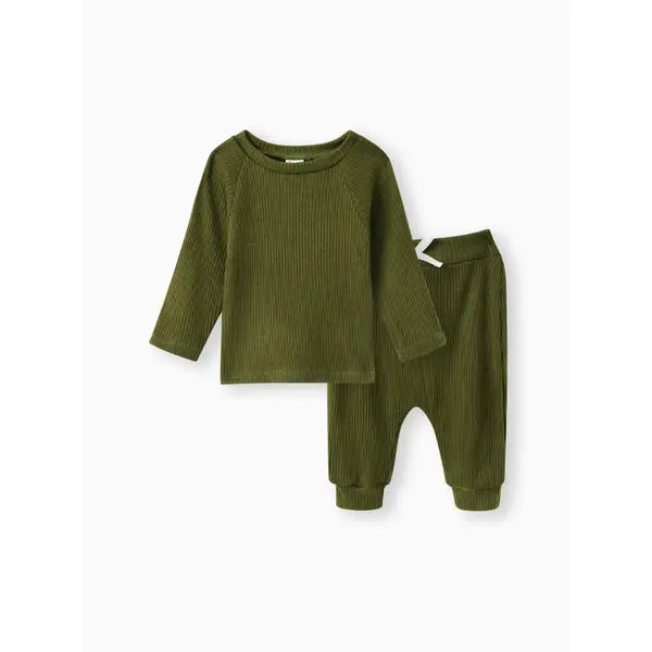 Patpat Baby Boy/Girl 3pcs Solid Ribbed Long-sleeve Pullover and Trouser Set  green