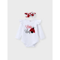 Patpat Baby Girl Clothes 3pcs Ladybug Letter Print Romper and Bowknot Trousers with Headband Set