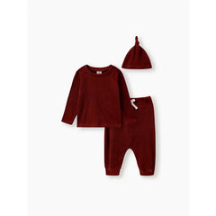 Patpat Baby Boy/Girl 3pcs Solid Ribbed Long-sleeve Pullover and Trouser Set  Red