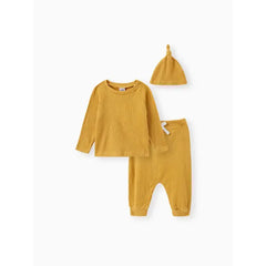 Patpat Baby Boy/Girl 3pcs Solid Ribbed Long-sleeve Pullover and Trouser Set  Yellow