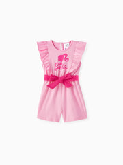 PATPAT Barbie Toddler Girl Cotton Letter Print Ruffled Belted Rompers Pink