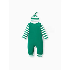 PATPAT Christmas 2pcs Baby Boy/Girl 95% Cotton Striped Long-sleeve Letter Print Jumpsuit with Hat Set Green