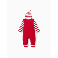 PATPAT Christmas 2pcs Baby Boy/Girl 95% Cotton Striped Long-sleeve Letter Print Jumpsuit with Hat Set red