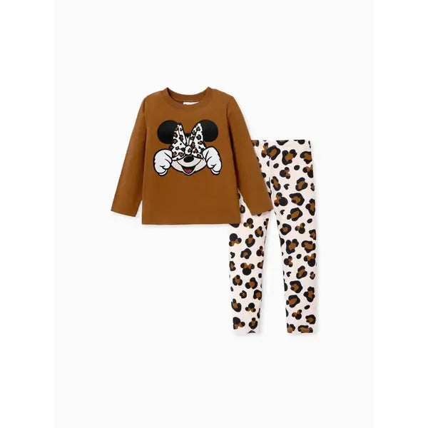 PATPAT Disney Mickey and Friends Toddler Girl Cotton Leopard Print Solid Top and Pant Sets brown