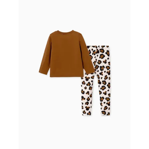 PATPAT Disney Mickey and Friends Toddler Girl Cotton Leopard Print Solid Top and Pant Sets brown