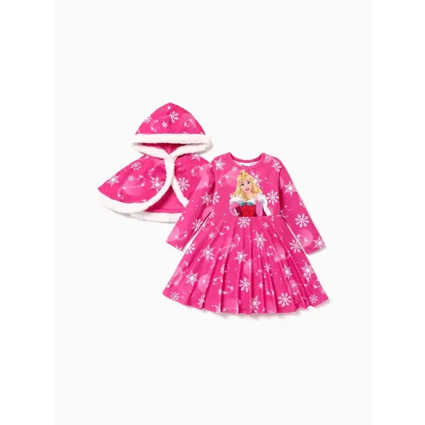 PATPAT Disney Princess Toddler Girl Naia™ Character Print Long-sleeve Dress and Hooded Allover Snowflake Print Cloak Set Pink