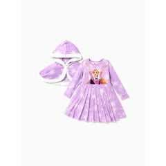 PATPAT Disney Princess Toddler Girl Naia™ Character Print Long-sleeve Dress and Hooded Allover Snowflake Print Cloak Set Purple