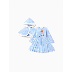 PATPAT Disney Princess Toddler Girl Naia™ Character Print Long-sleeve Dress and Hooded Allover Snowflake Print Cloak Set Blue
