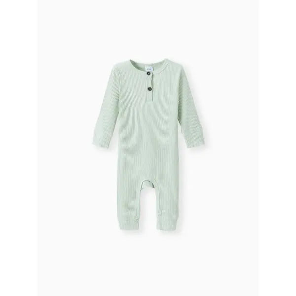 Baby Boy/Girl Cotton Ribbed Button Up Jumpsuit Light green