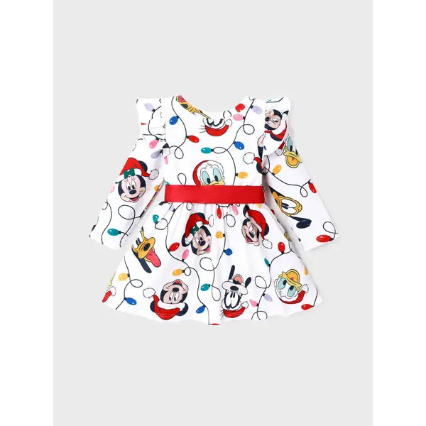 Patpat Disney Mickey and Friends Toddler Girl Christmas Full Print Bow Tie Long-sleeve Dress Red