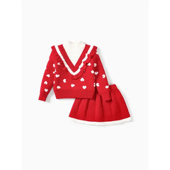 PatPat Toddler Girl 2pcs Heart Print Sweater Skirt set Red