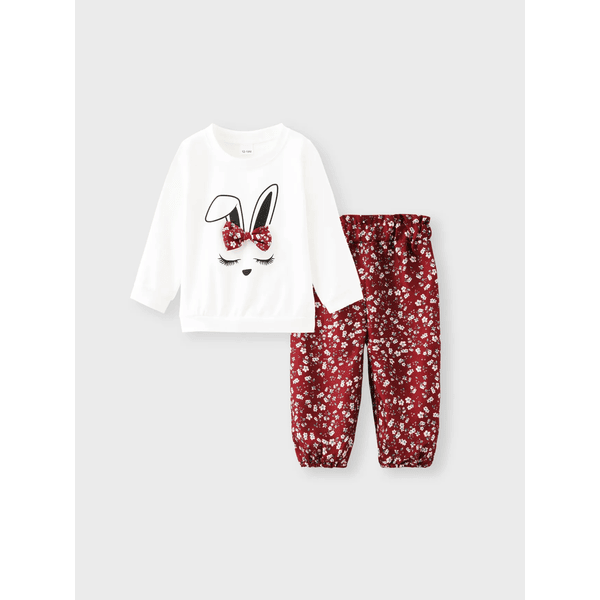 Patpat 2pcs Baby Girl 95% Cotton Long-sleeve Cartoon Rabbit Print Sweatshirt and Floral Print Trousers Set red