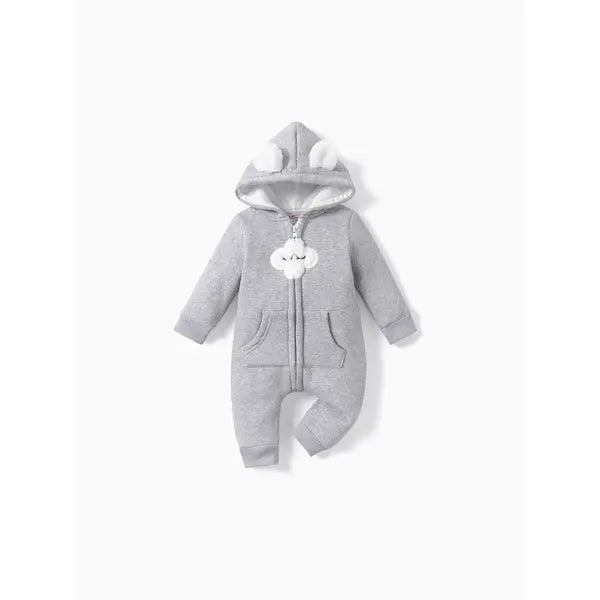 Patpat Baby Boy/Girl Clothes Cloud Design Thermal Fleece Lined Hooded Zipper Jumpsuit Gray