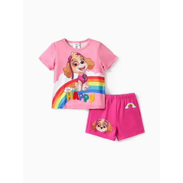 PATPAT PAW Patrol Toddler Girls/Boys 2pcs Character Rainbow Print T-shirt with Shorts Sporty Set Pink