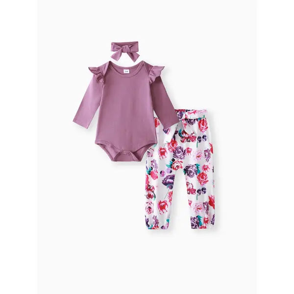 PATPAT 3pcs Baby Girl 95% Cotton Ruffle Long-sleeve Romper and Floral Print Pants with Headband Set Purple