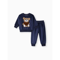 2pcs Baby Boy 95% Cotton Long-sleeve Cartoon Bear Pattern Thickened Fleece Lined Pullover and Trousers Set Blue