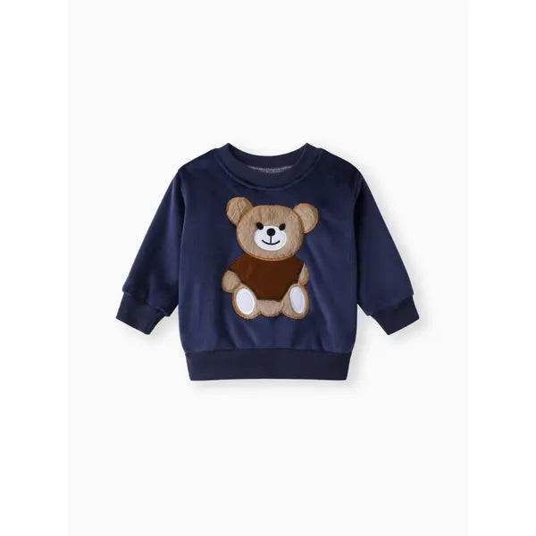 2pcs Baby Boy 95% Cotton Long-sleeve Cartoon Bear Pattern Thickened Fleece Lined Pullover and Trousers Set Blue