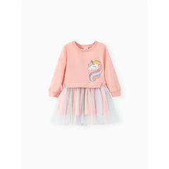 Patpat Toddler Girl Sweet Faux-two Unicorn Print Mesh Splice Fairy Dress pink