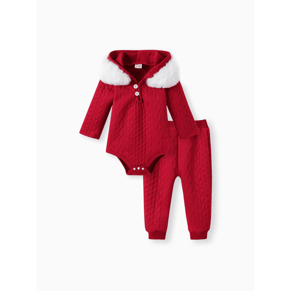 2pcs Baby Boy/Girl White Imitation Knitting Textured Spliced Faux Fur Hooded Long-sleeve Romper and Pants Set Red