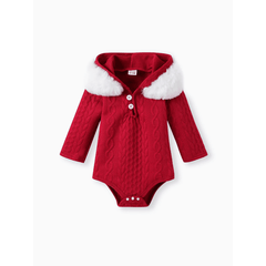 2pcs Baby Boy/Girl White Imitation Knitting Textured Spliced Faux Fur Hooded Long-sleeve Romper and Pants Set Red