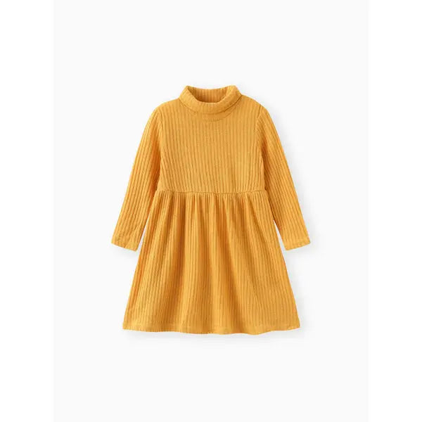 Patpat Toddler Girl Turtleneck Solid Color Ribbed Long-sleeve Dress Ginger