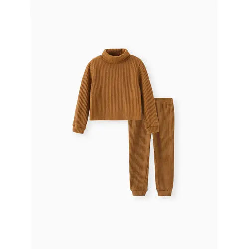 Patpat 2pcs Toddler Girl Solid Color Ribbed Turtleneck Long-sleeve Tee and Elasticized Pants Set Brown