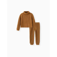 Patpat 2pcs Toddler Girl Solid Color Ribbed Turtleneck Long-sleeve Tee and Elasticized Pants Set Brown