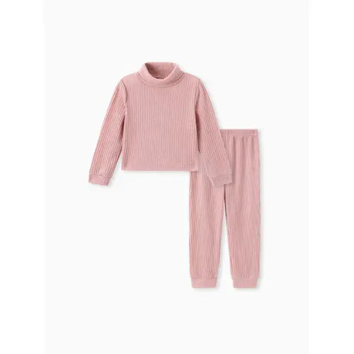 Patpat 2pcs Toddler Girl Solid Color Ribbed Turtleneck Long-sleeve Tee and Elasticized Pants Set pink