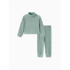 Patpat 2pcs Toddler Girl Solid Color Ribbed Turtleneck Long-sleeve Tee and Elasticized Pants Set Green
