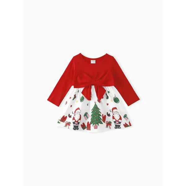 Patpat Christmas Baby Girl Bow Front Solid Long-sleeve Spliced Print Dress