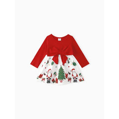 Patpat Christmas Baby Girl Bow Front Solid Long-sleeve Spliced Print Dress