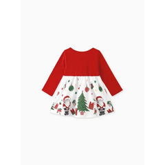 Patpat Christmas Baby Girl Bow Front Solid Long-sleeve Spliced Print Dress