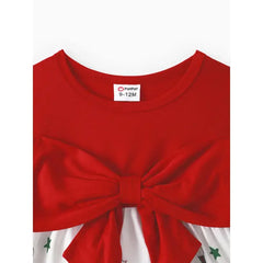 Patpat Christmas Baby Girl Bow Front Solid Long-sleeve Spliced Print Dress