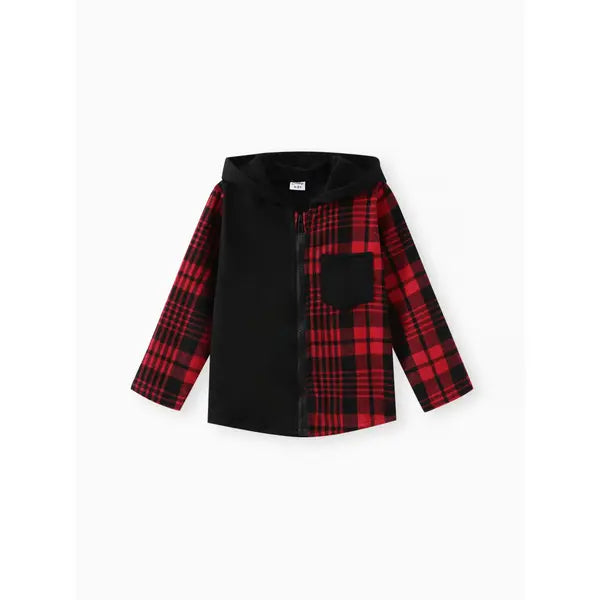 PATPAT Kid Boy Plaid Colorblock Zipper Hooded Jacket Black