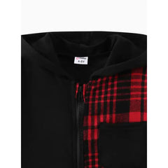 PATPAT Kid Boy Plaid Colorblock Zipper Hooded Jacket Black