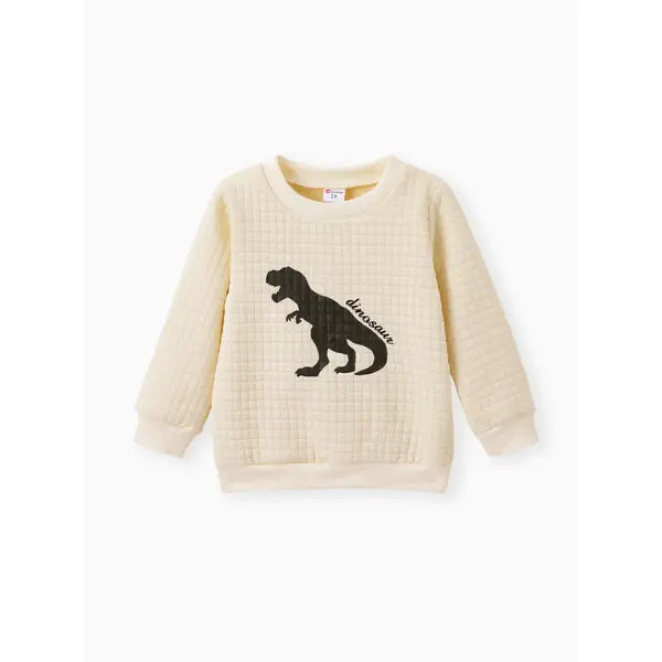 Patpat Toddler Boy Letter Dinosaur Print Textured Pullover Sweatshirt white