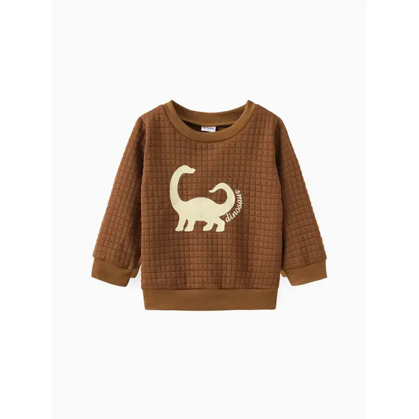 Patpat Toddler Boy Letter Dinosaur Print Textured Pullover Sweatshirt Cofee