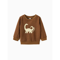 Patpat Toddler Boy Letter Dinosaur Print Textured Pullover Sweatshirt Cofee