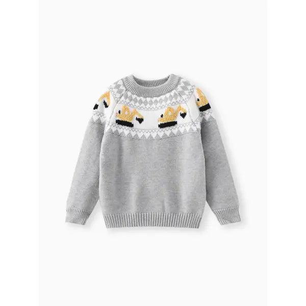PATPAT Toddler Boy Playful Vehicle Excavator Pattern Colorblock Sweater Grey