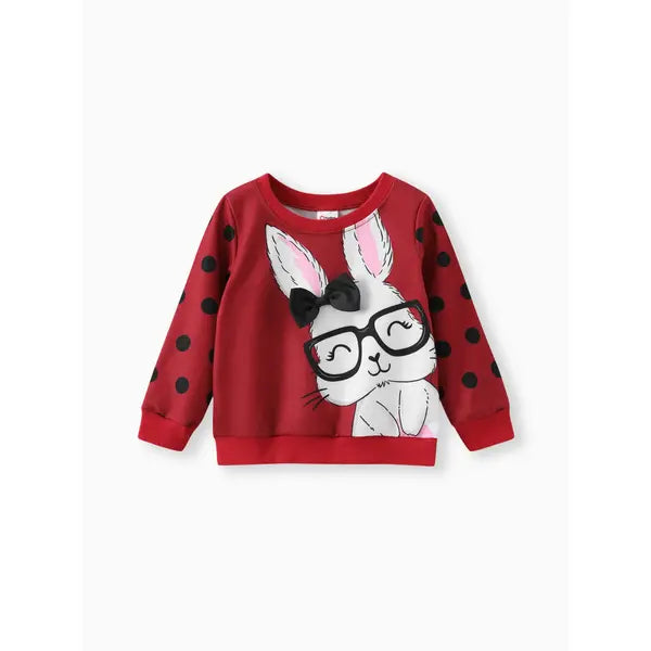 Patpat Toddler Girl Cute Rabbit Print Polka dots Pullover Sweatshirt red