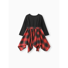 Patpat Toddler Girl Plaid Irregular Hem Splice Long-sleeve Dress black