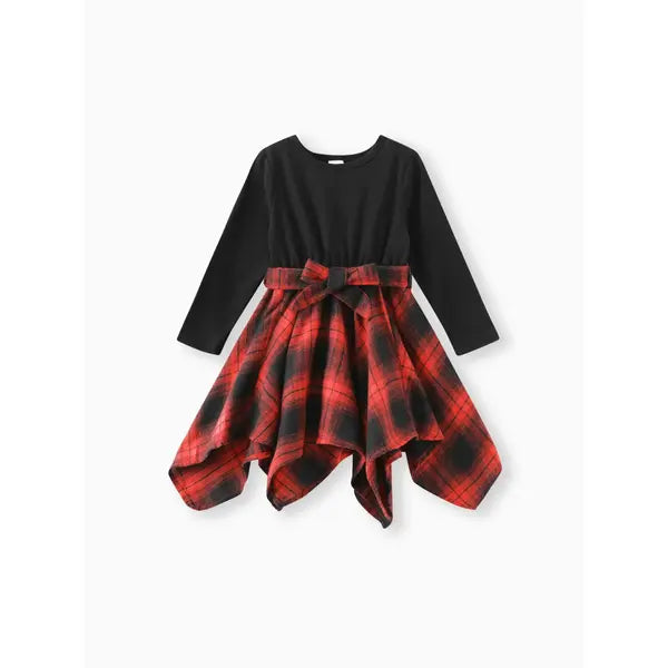 Patpat Toddler Girl Plaid Irregular Hem Splice Long-sleeve Dress black