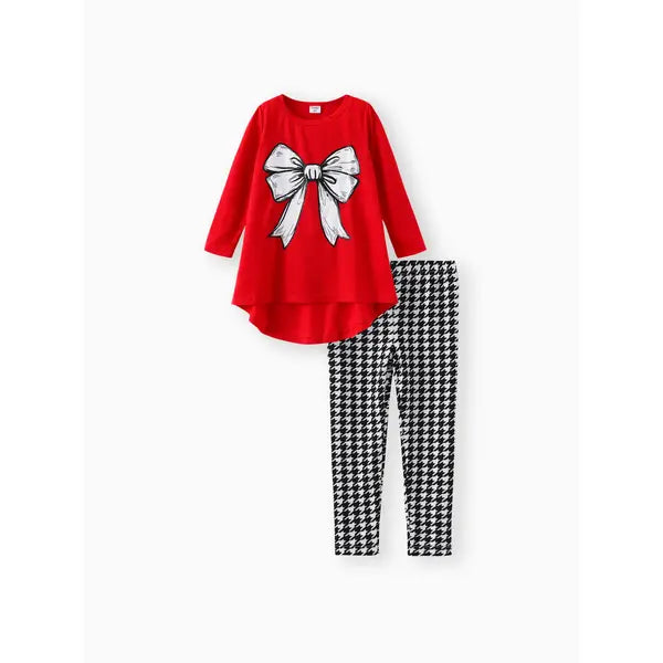 Patpat 2pcs Toddler Girl Bowknot Print High Low Long-sleeve Tee and Houndstooth Leggings Set red