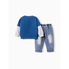 PATPAT Toddler Boy 2pcs Dino Print Sweatshirt and Denim Ripped Jeans Set Blue