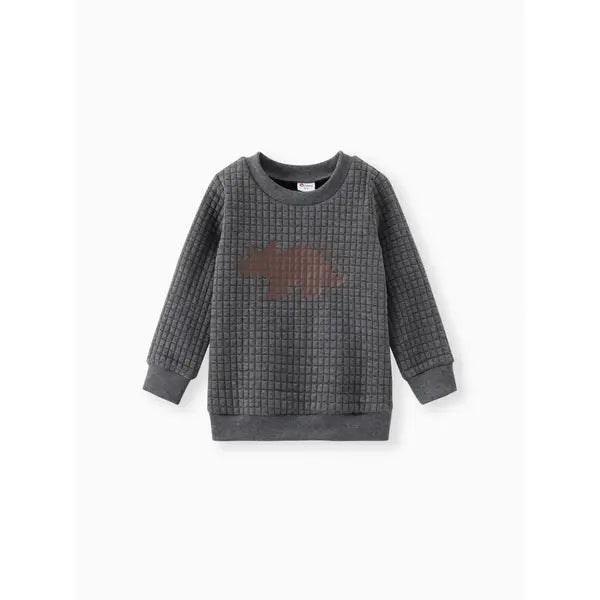 Patpat Toddler Boy Letter Dinosaur Print Textured Pullover Sweatshirt Gray